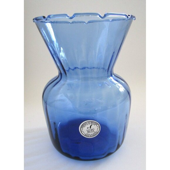 Vitro Mosa Mexican Hand Blown Navy Blue Art Glass Vase - Etched Rim - Vintage - Picture 1 of 11